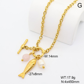6N3002088bhia-908  18K PVD Cultured Freshwater Pearls & Rose Quartz  Stainless Steel Necklace