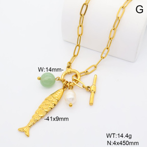 6N3002090bhia-908  18K PVD Cultured Freshwater Pearls & Green Aventurine  Stainless Steel Necklace