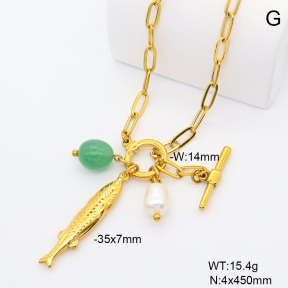 6N3002091bhia-908  18K PVD Cultured Freshwater Pearls & Green Aventurine  Stainless Steel Necklace