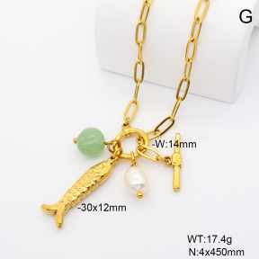 6N3002092bhia-908  18K PVD Cultured Freshwater Pearls & Green Aventurine  Stainless Steel Necklace