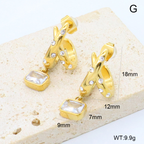 GEE003101vhkb-066  316 Pin 18K PVD Zircon & Czech Stones,Handmade Polished  Stainless Steel Earrings  BC26050337E-WT